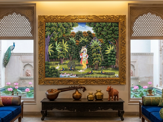 Krishna Handmade Pichwai Painting, Jungle Theme Wall Art, Traditional Indian Art, Nathdwara Pichwai, Hindu Spiritual Decor, Krishna Wall Hanging