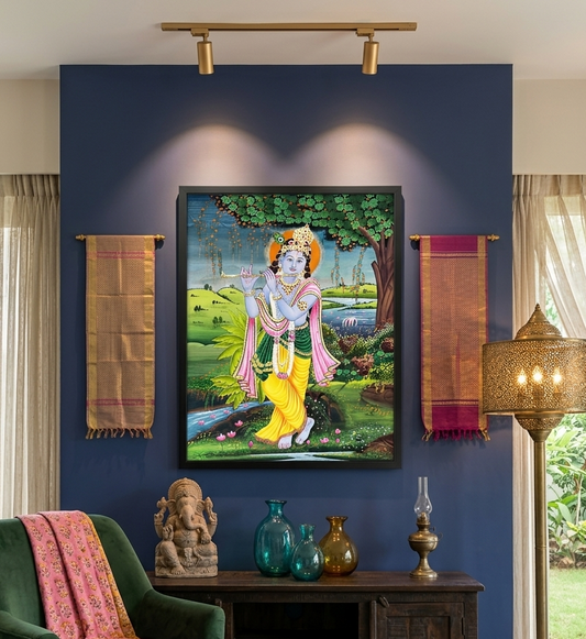 Krishna Detailed Pichwai Handmade Painting Framed | Traditional Wall Art