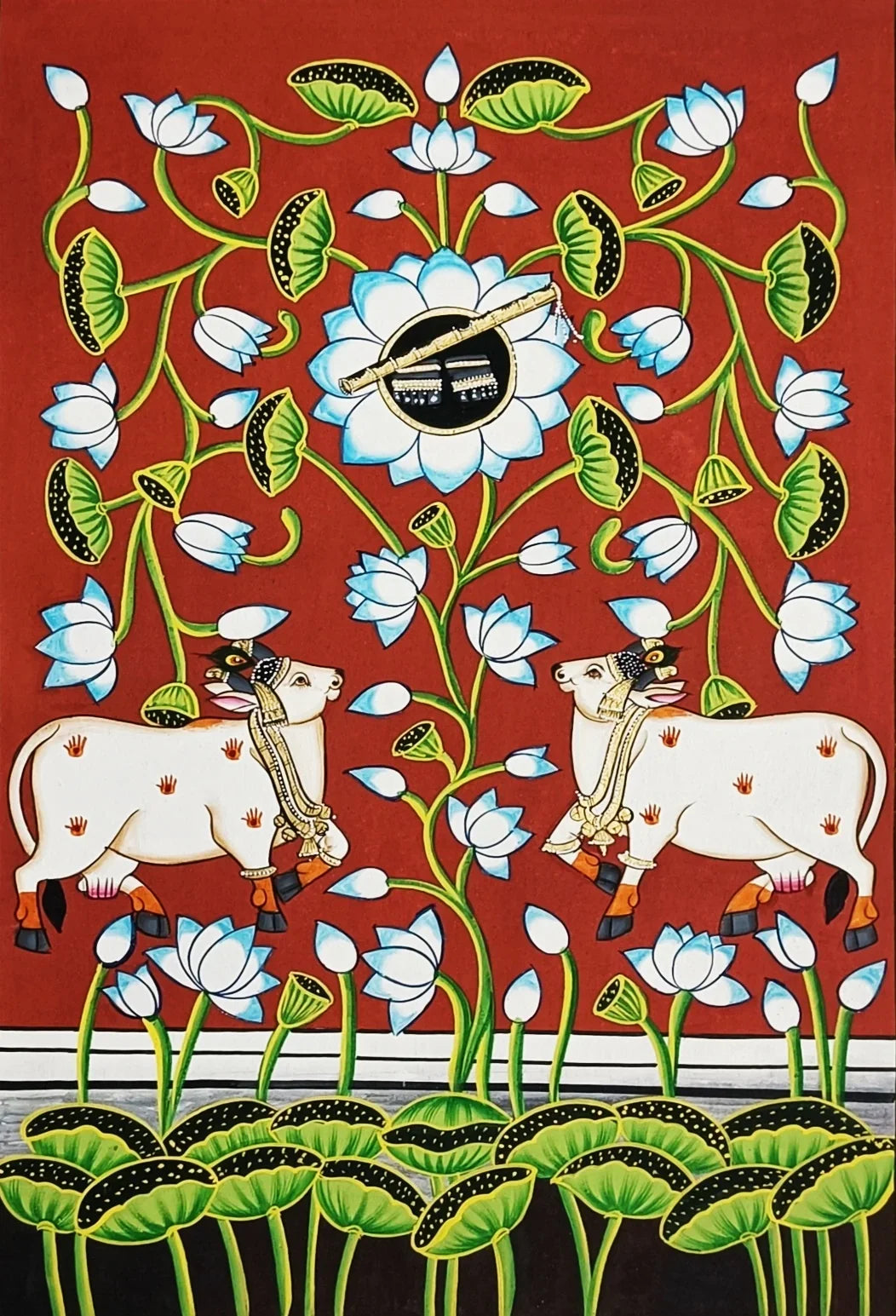 Shrinathji Charan Darshan, Pichwai Painting Of Cow And Lotus Wall Art Work, Traditional Indian Pichwai Painting For Home Decor, Home Decor - Jaipur Earth