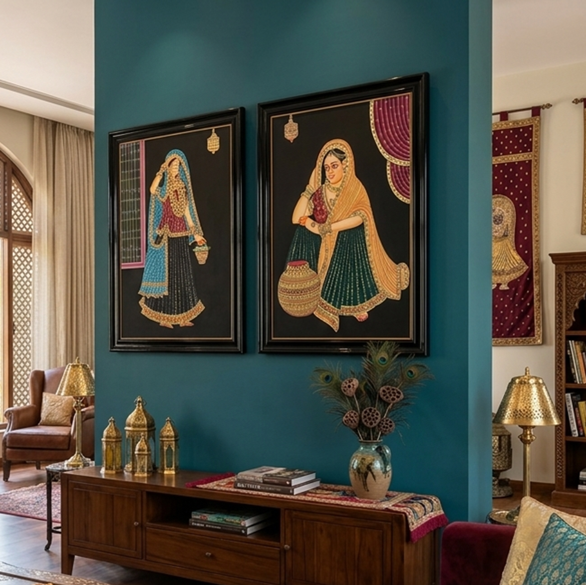 Hand-Painted Ladies Portrait Painting | Traditional Indian Miniature Art on Handmade Paper | Framed