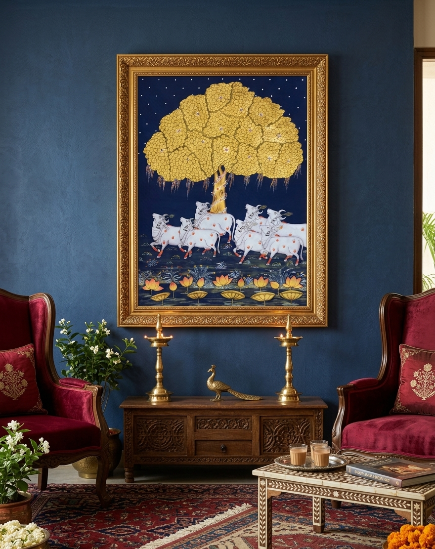 Cow and Tree of Life Pichwai Painting – Handmade Indian Traditional Wall Decor