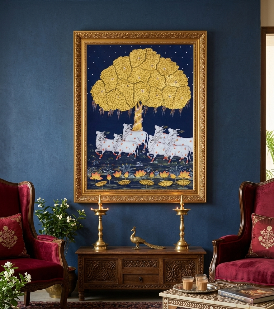 Cow and Tree of Life Pichwai Painting – Handmade Indian Traditional Wall Decor