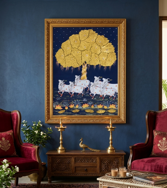 Cow and Tree of Life Pichwai Painting – Handmade Indian Traditional Wall Decor