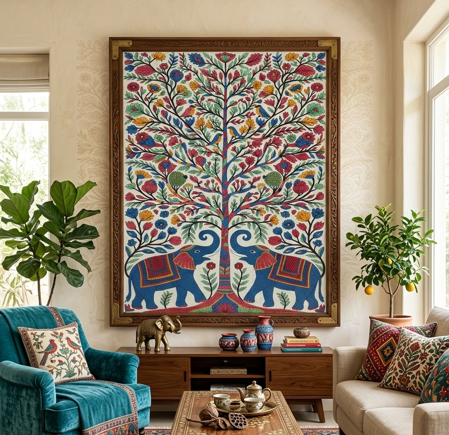 Tree of Life with Elephants and Birds – Traditional Indian Folk Art Painting on Cloth