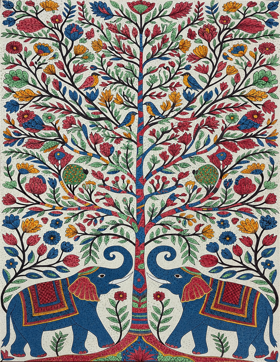 Tree of Life with Elephants and Birds – Traditional Indian Folk Art Painting on Cloth