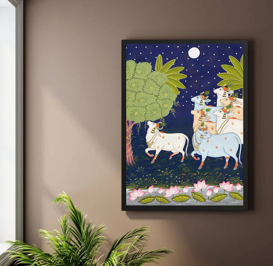 Cow Pichwai Painting, Large Traditional Indian Pichwai Painting For Home Decor, Wall decor. home decor art