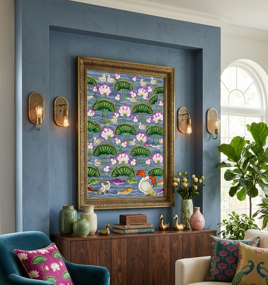 Lotus Pond Indian Pichwai Painting | Handmade Indian Wall Art