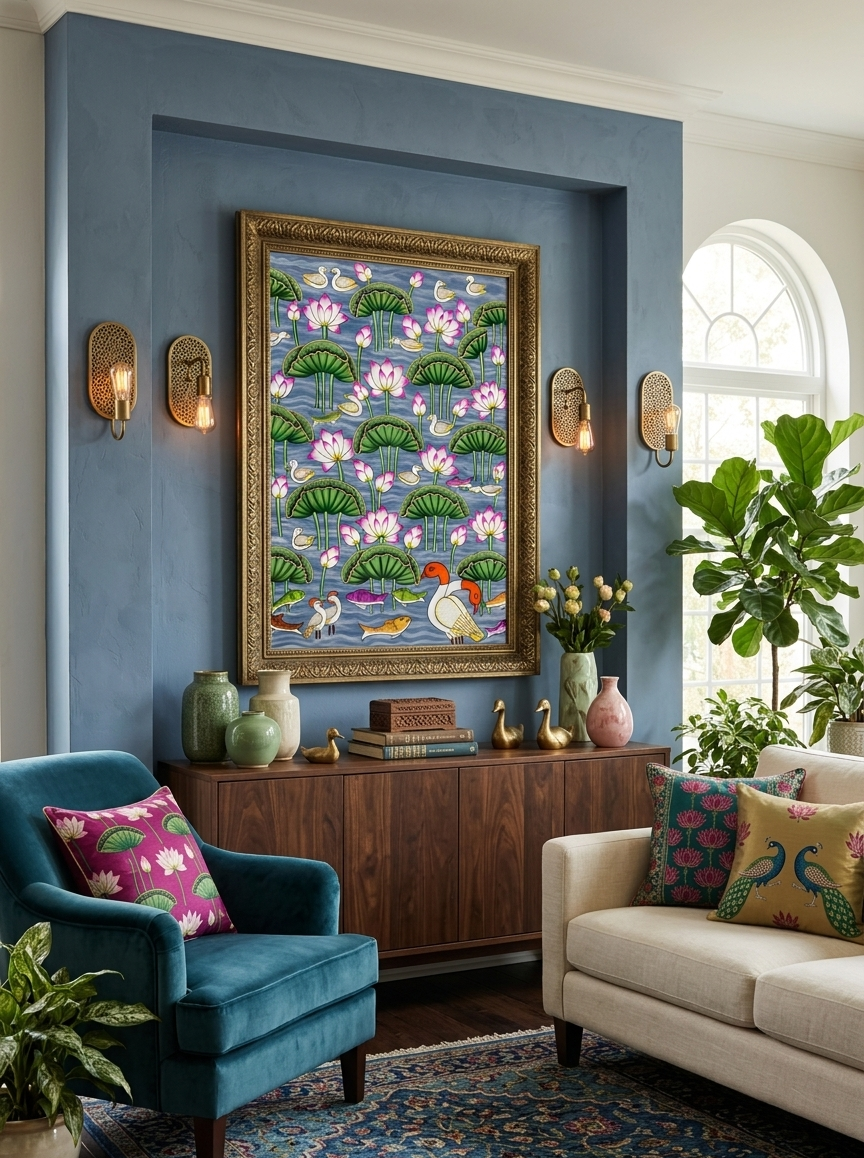 Lotus Pond Indian Pichwai Painting | Handmade Indian Wall Art