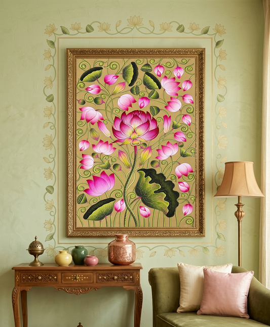 Lotus Pond Handmade Pichwai Painting, Traditional Indian Wall Art, Sacred Lotus Flower Artwork, Nathdwara Style Painting for Home Decor