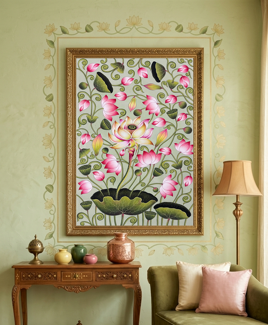 Lotus Pond Handmade Pichwai Painting, Traditional Indian Wall Art, Sacred Lotus Flower Artwork, Nathdwara Style Painting for Home Decor