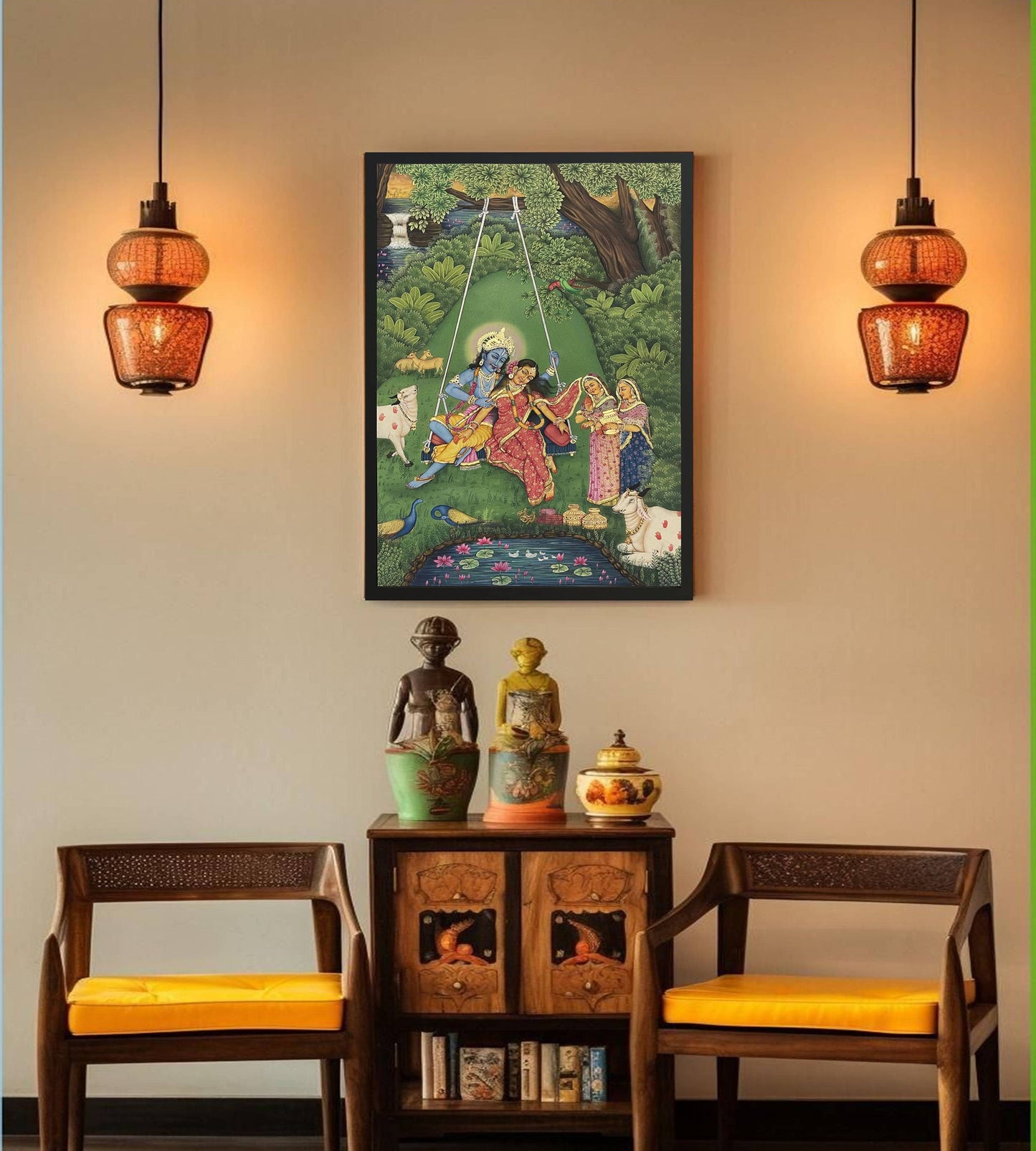 Radha Krishna Pichwai Painting, Detailed Hand painted Painting Framed