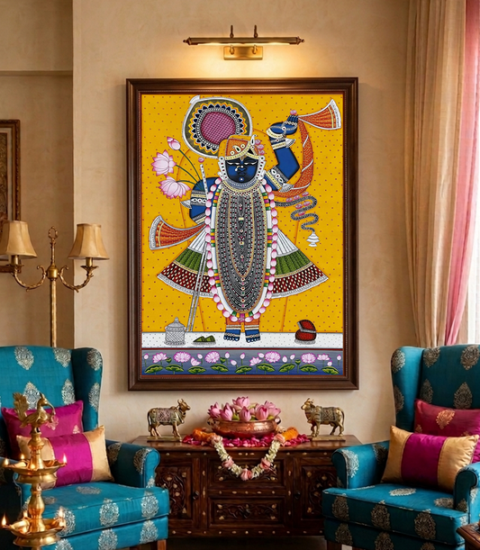 Pichwai Painting of Shreenathji and Lotus, Art For Home Decor, Beautiful Shreenathji In Kamal Talai on cloth, Home Decor, Wall art