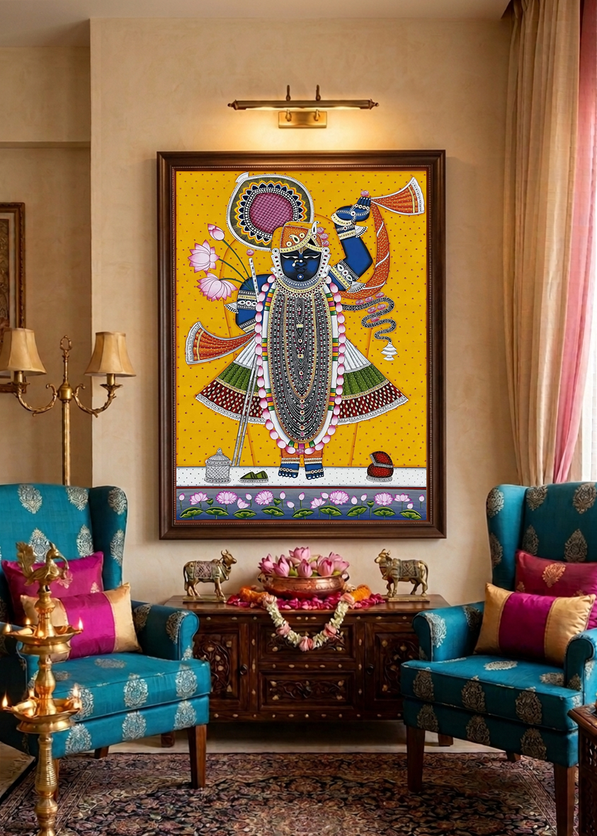 Pichwai Painting of Shreenathji and Lotus, Art For Home Decor, Beautiful Shreenathji In Kamal Talai on cloth, Home Decor, Wall art