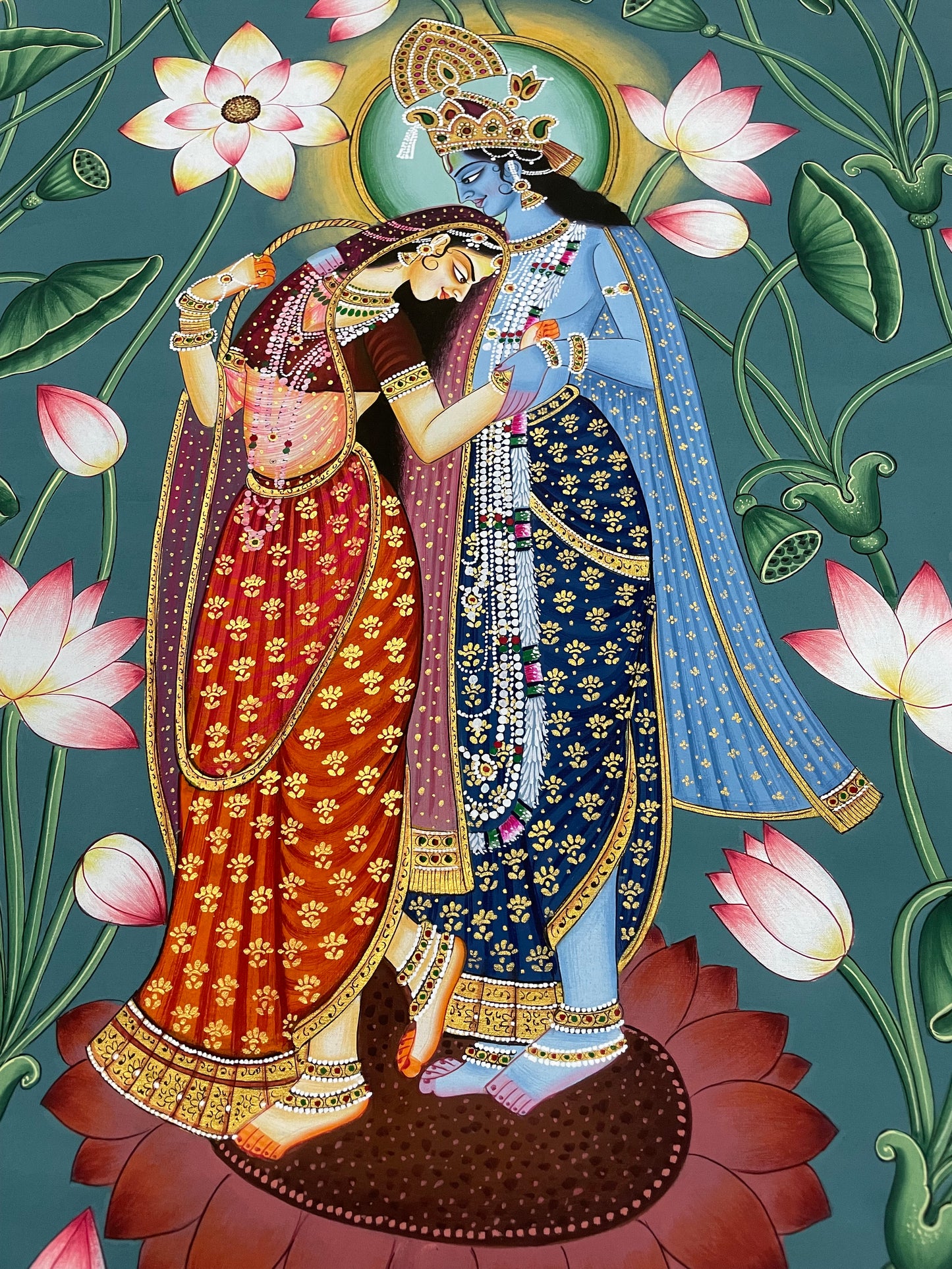 Hand-Painted Radha Krishna Lotus Pichwai Painting | Traditional Nathdwara Art