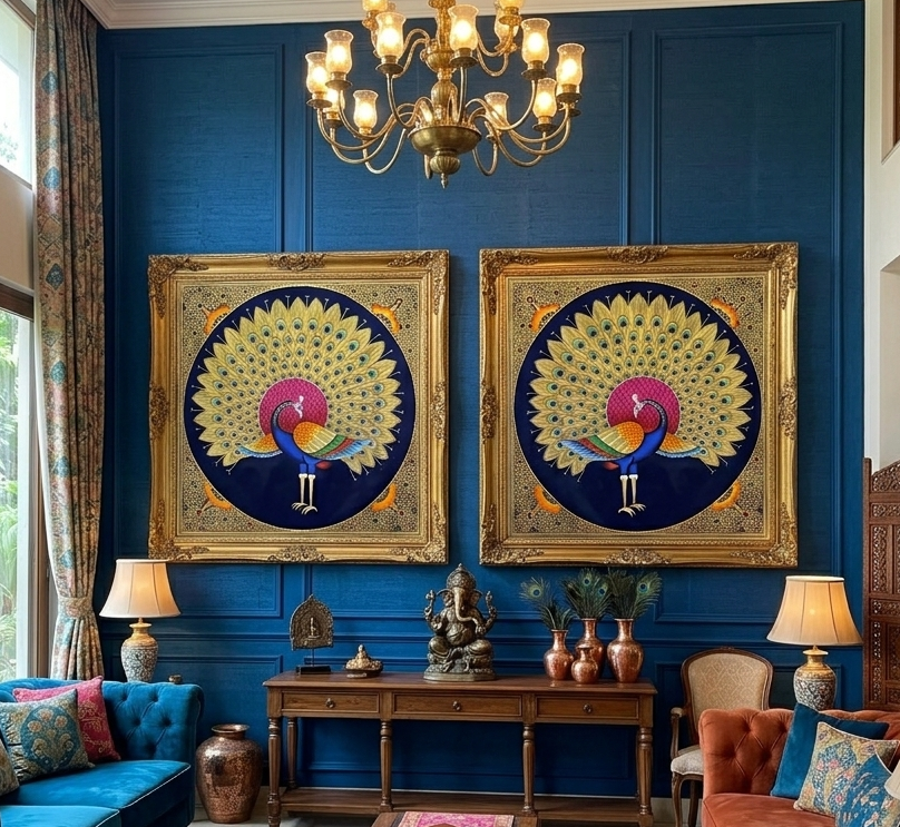 Peacock Bird Painting Set of 2, Handmade Bird Wall Art for Home Decor