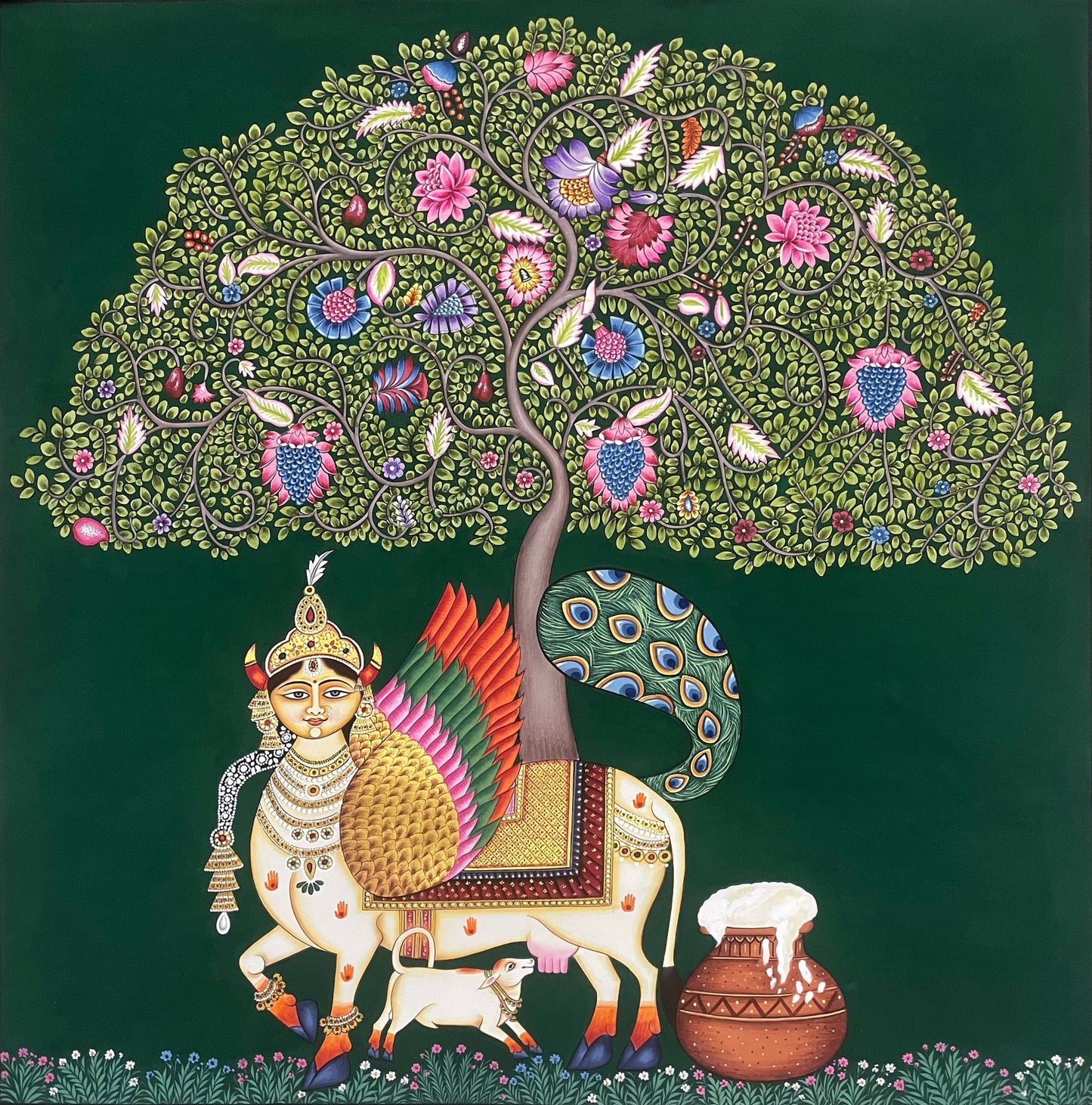 Kamdhenu Sacred Cow Life Tree Handmade Pichwai Painting | Traditional Nathdwara Indian Art