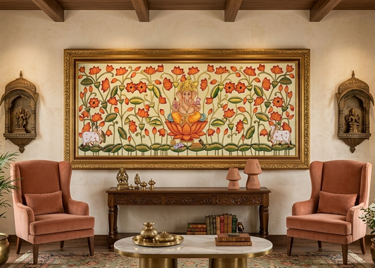 Shree Ganesha in Lotus Pond Pichwai – Hand-Painted Traditional Nathdwara Artwork