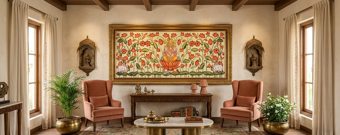 Shree Ganesha in Lotus Pond Pichwai – Hand-Painted Traditional Nathdwara Artwork