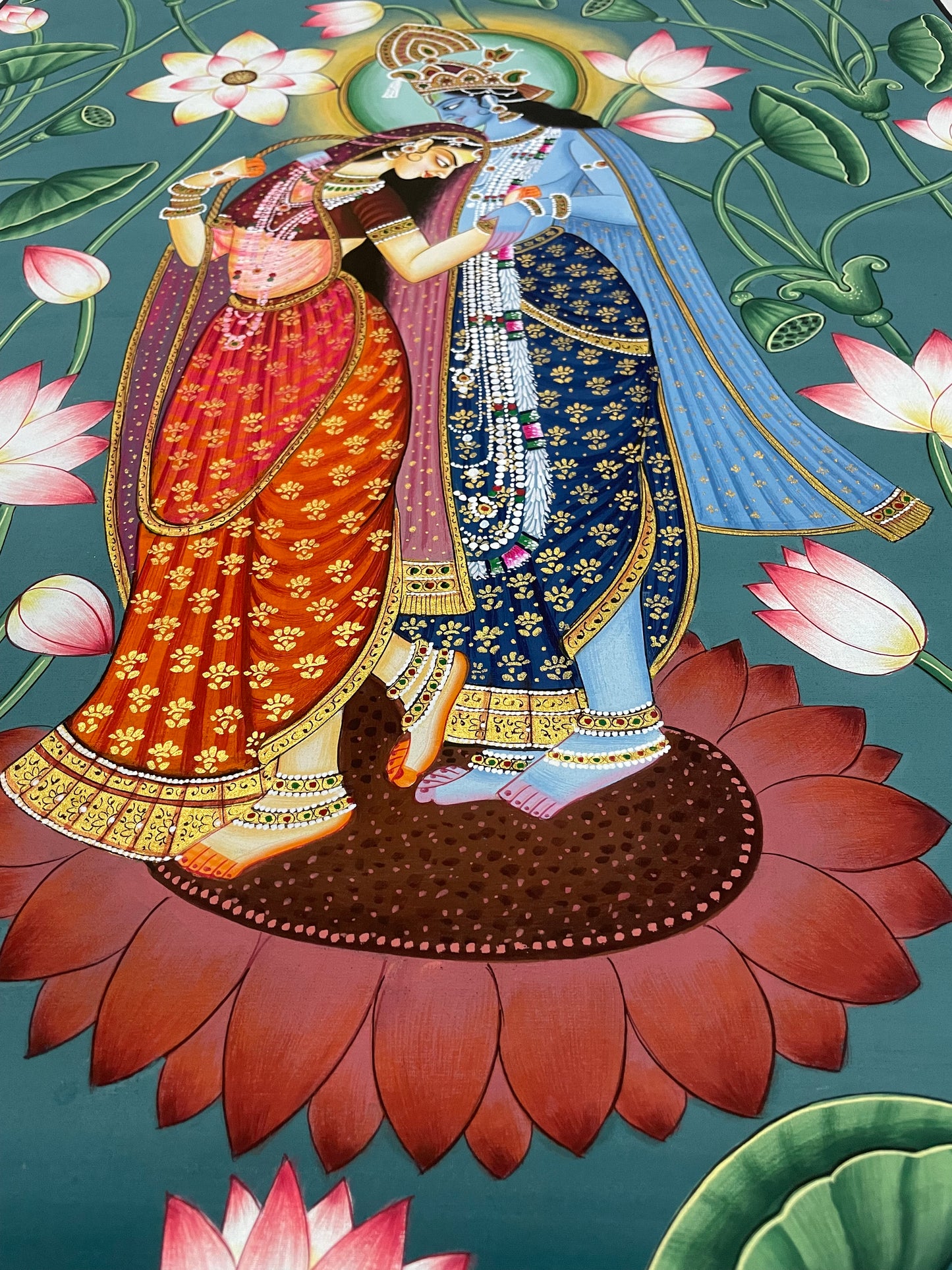 Hand-Painted Radha Krishna Lotus Pichwai Painting | Traditional Nathdwara Art