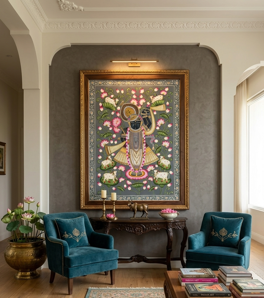 Shrinathji Pichwai Painting, Large Pichwai, Handmade Pichwai Art on cloth Indian Decor, Wall Art, Home Decor Gift (Copy)