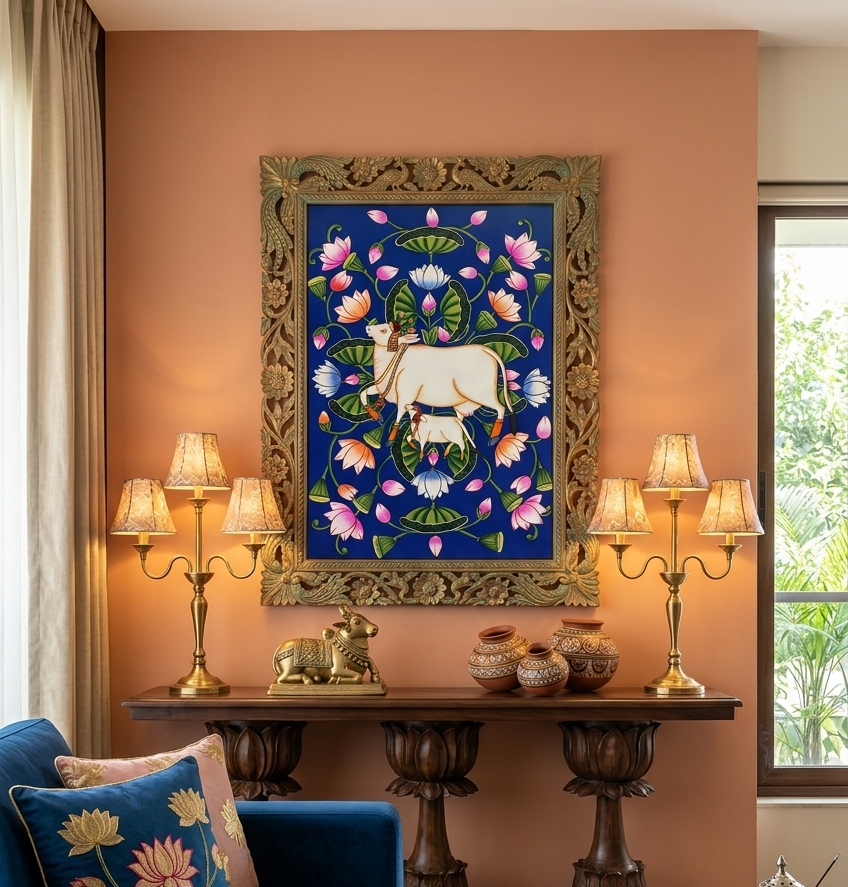 Cow Pichwai Painting | Shrinathji Temple Art | Handmade Indian Pichwai | Spiritual Wall Decor for Living Room
