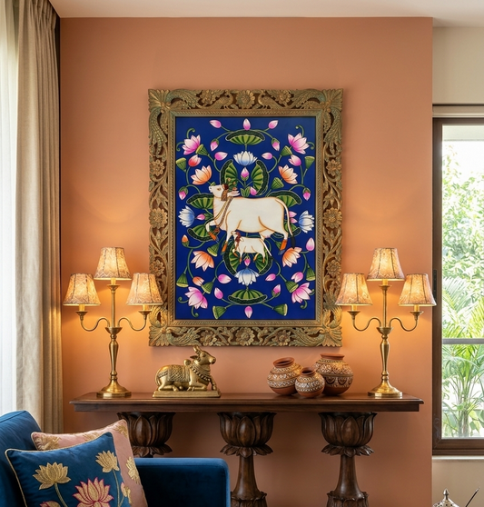 Cow Pichwai Painting | Shrinathji Temple Art | Handmade Indian Pichwai | Spiritual Wall Decor for Living Room