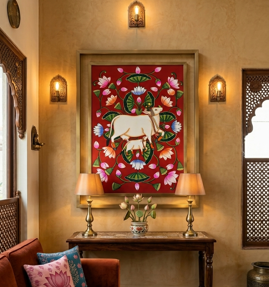Lotus Pond Cow Pichwai Painting | Traditional Pichwai Art | Sacred Cow Wall Decor | Handmade Rajasthani Artwork