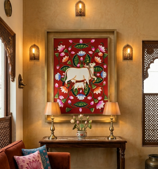 Lotus Pond Cow Pichwai Painting | Traditional Pichwai Art | Sacred Cow Wall Decor | Handmade Rajasthani Artwork