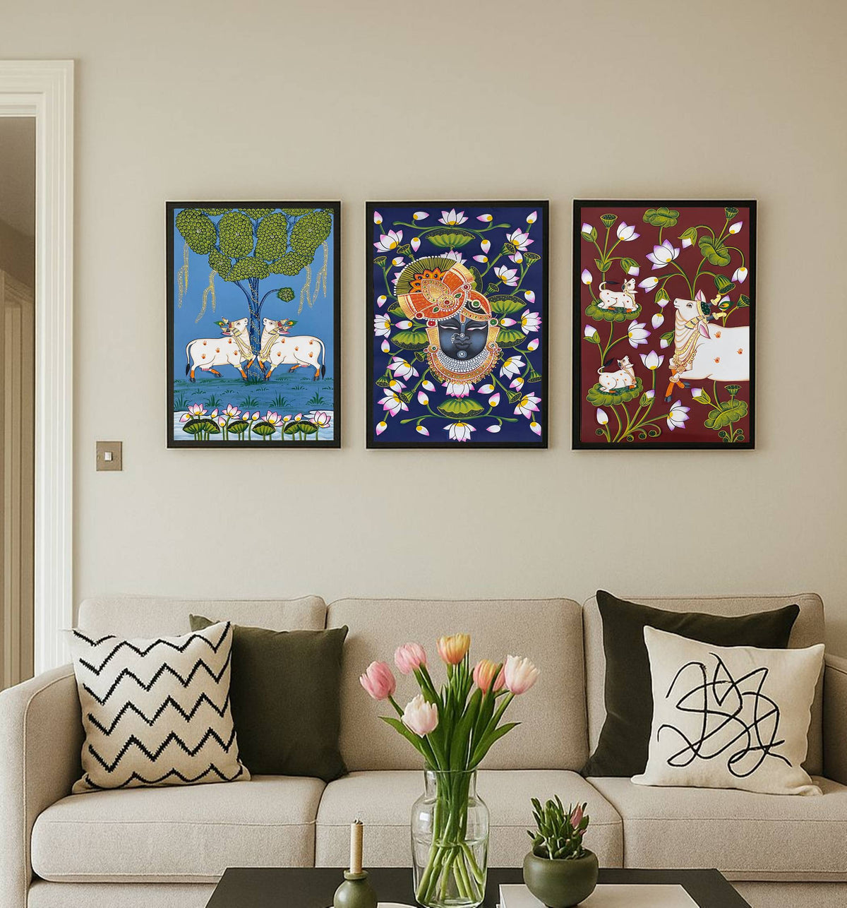 Framed Shrinathji Pichwai Painting Set of 3, Cow Pichwai Art, Hand Painted Fabric, Indian Home Decor