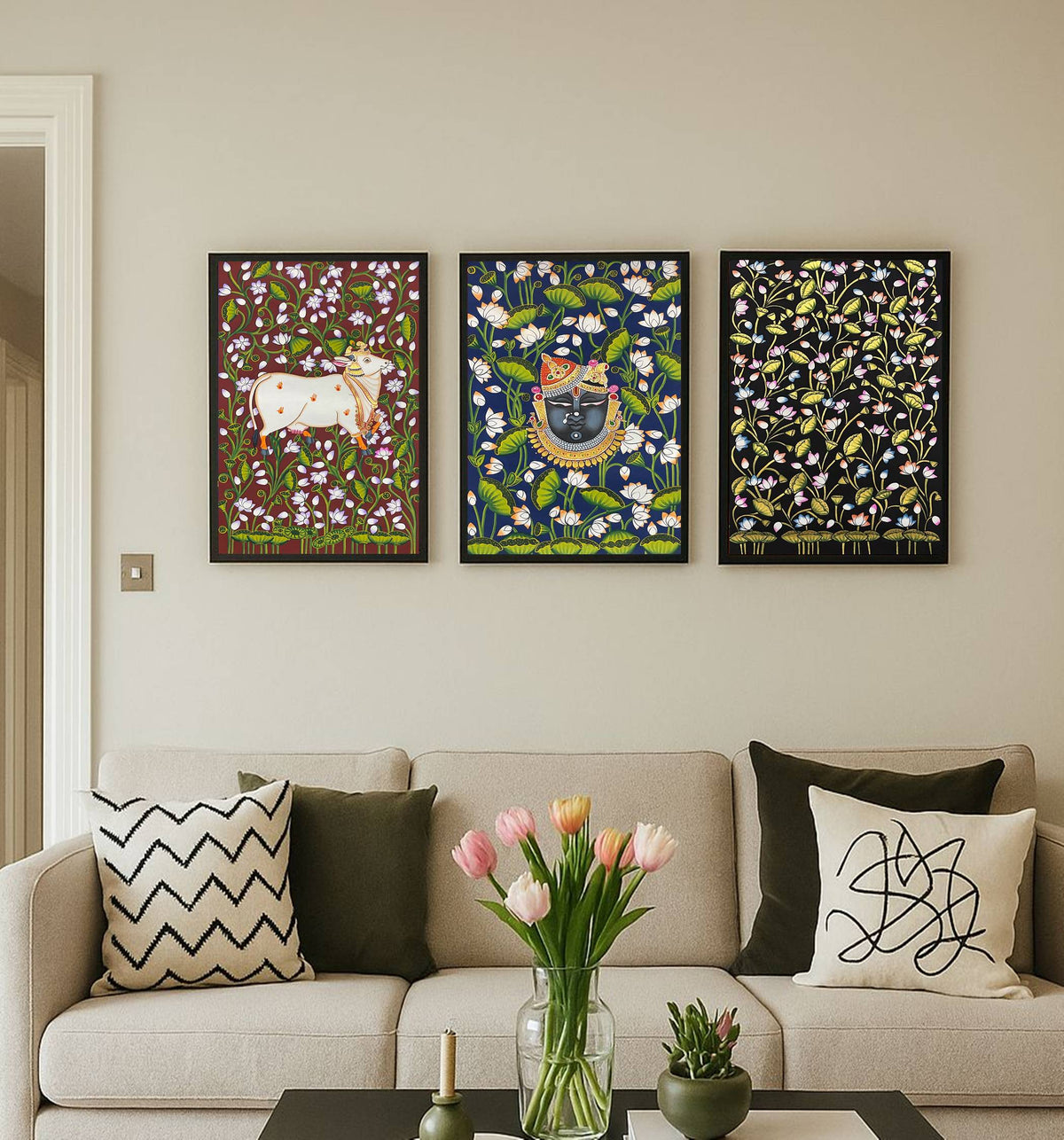 Pichwai Painting, Set of 3 Shrinathji and Cow Pichwai Painting, Modern Wall Decor Paintings, Hand Painted on Fabric, Home Decor - Unframed