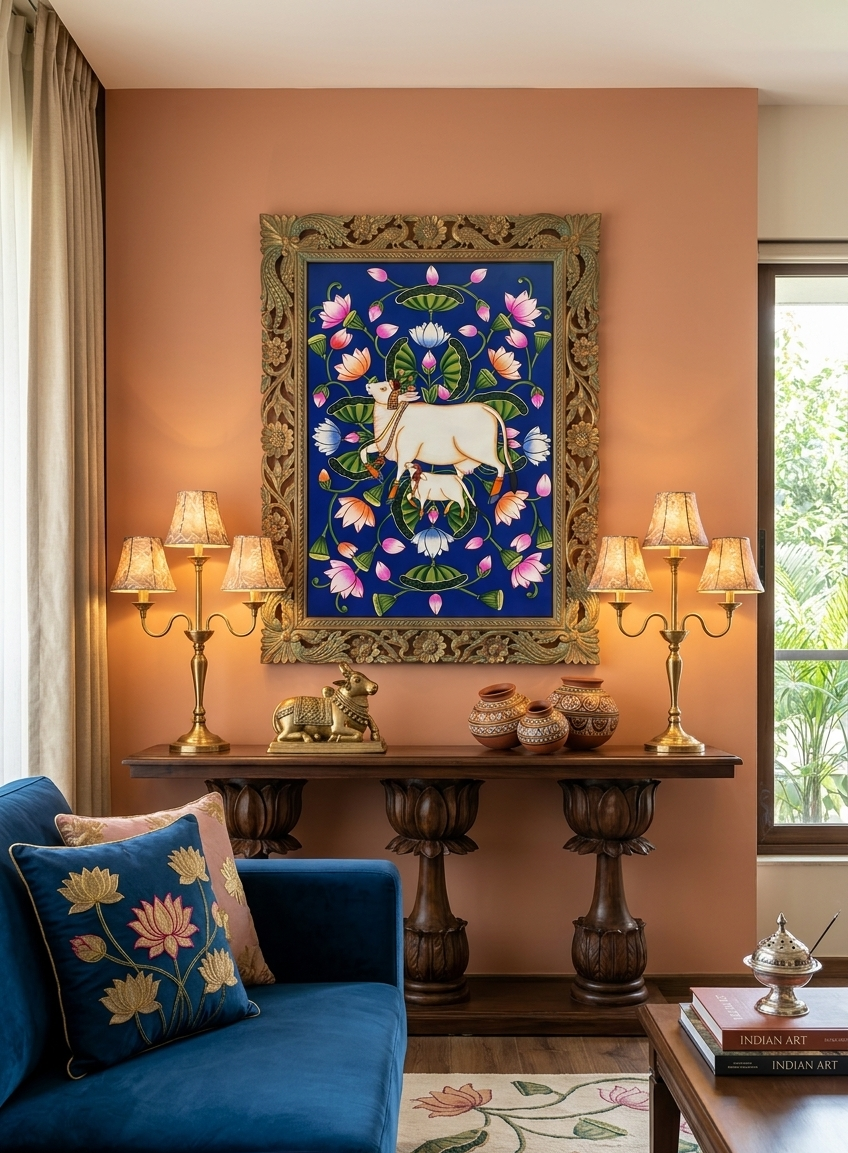 Cow Pichwai Painting | Shrinathji Temple Art | Handmade Indian Pichwai | Spiritual Wall Decor for Living Room