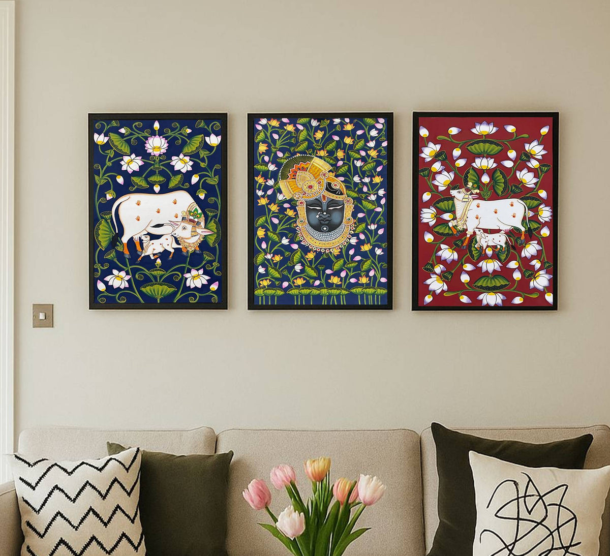 Framed Indian Pichwai Wall Art Set of 3, Shrinathji & Cow Paintings, Hand Painted Fabric, Luxury Home Decor