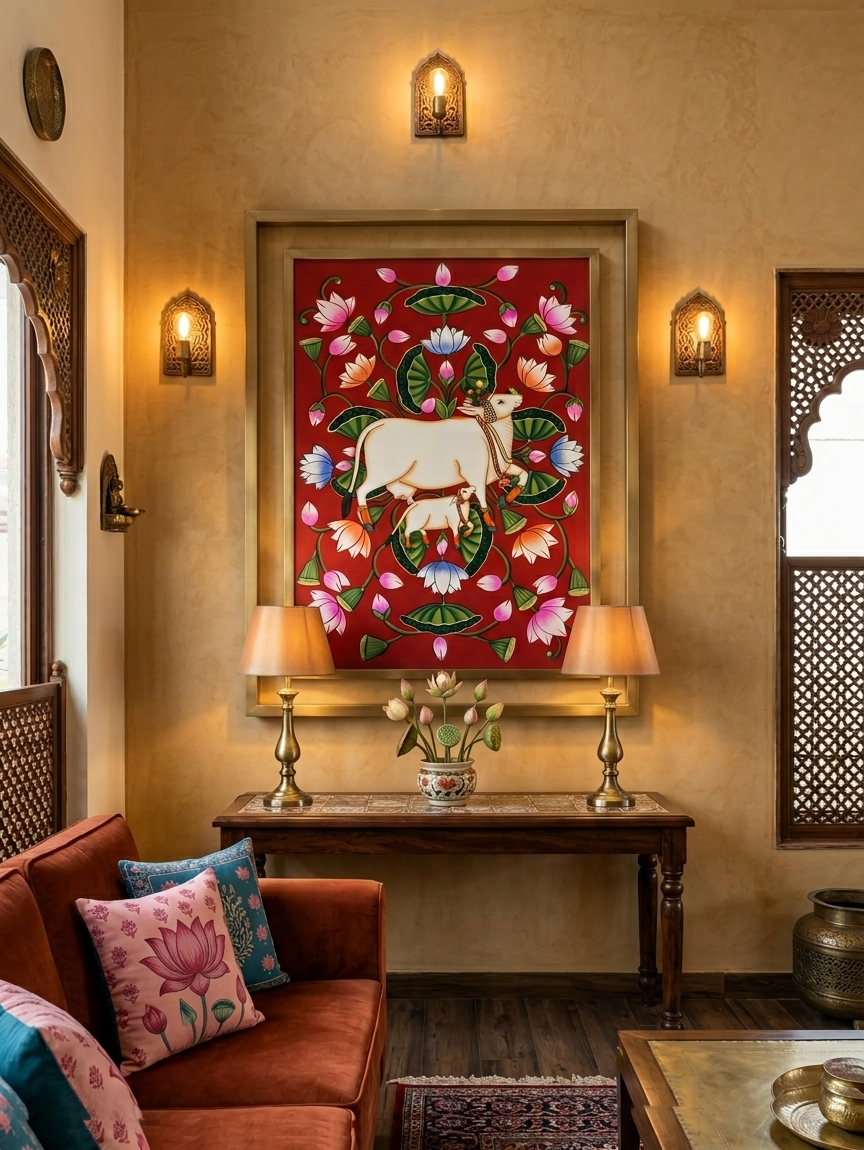 Lotus Pond Cow Pichwai Painting | Traditional Pichwai Art | Sacred Cow Wall Decor | Handmade Rajasthani Artwork