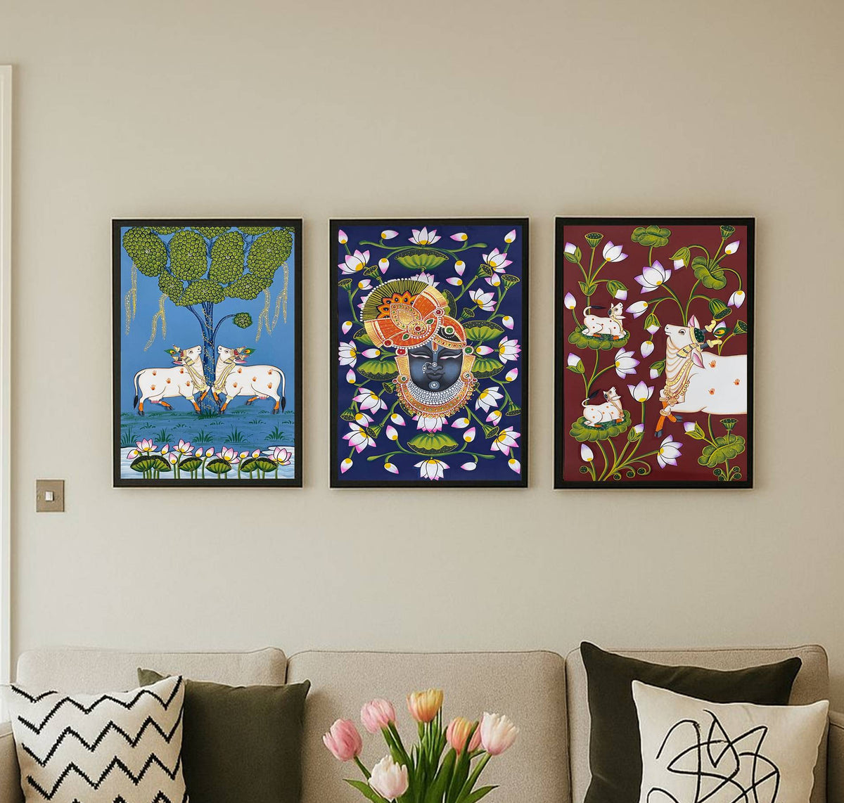 Framed Shrinathji Pichwai Painting Set of 3, Cow Pichwai Art, Hand Painted Fabric, Indian Home Decor