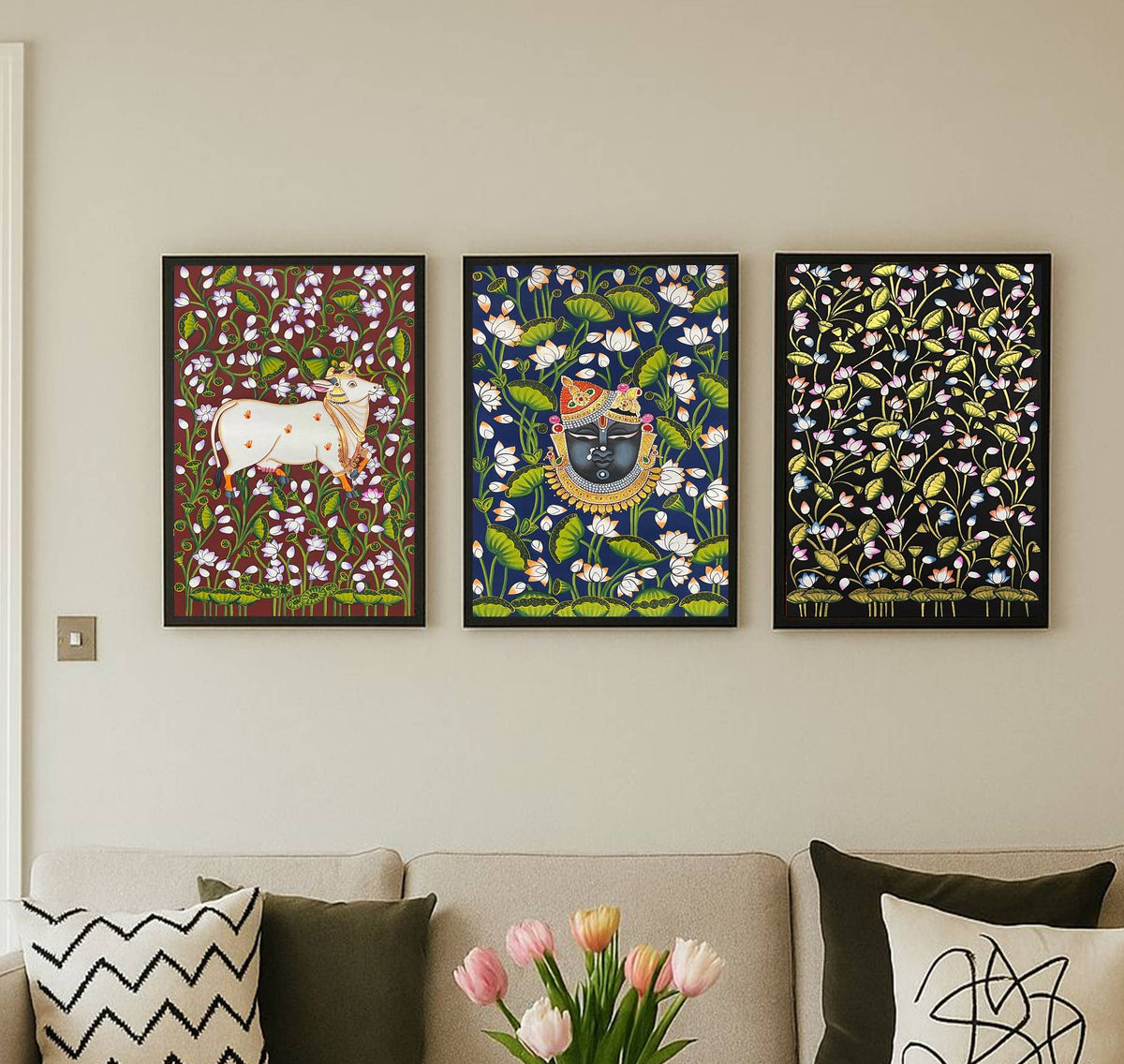 Pichwai Painting, Set of 3 Shrinathji and Cow Pichwai Painting, Modern Wall Decor Paintings, Hand Painted on Fabric, Home Decor - Unframed