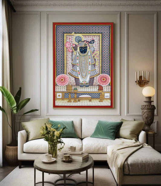Pichwai Painting of Shreenathji, Art For Home Decor, Beautiful Shreenathji on cloth, Home Decor, Wall art - Jaipur Earth