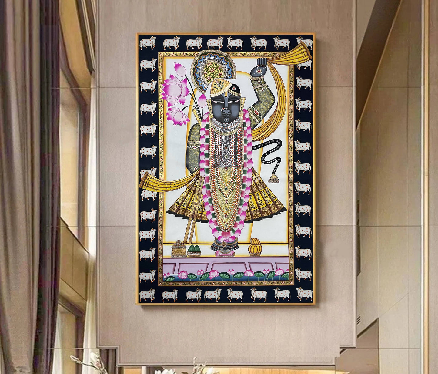Shreenathji Pichwai Painting Beautiful Hand Painted Devotional Art Natural Stone color on cloth Indian Decor Paintings, Wall Hanging - Jaipur Earth