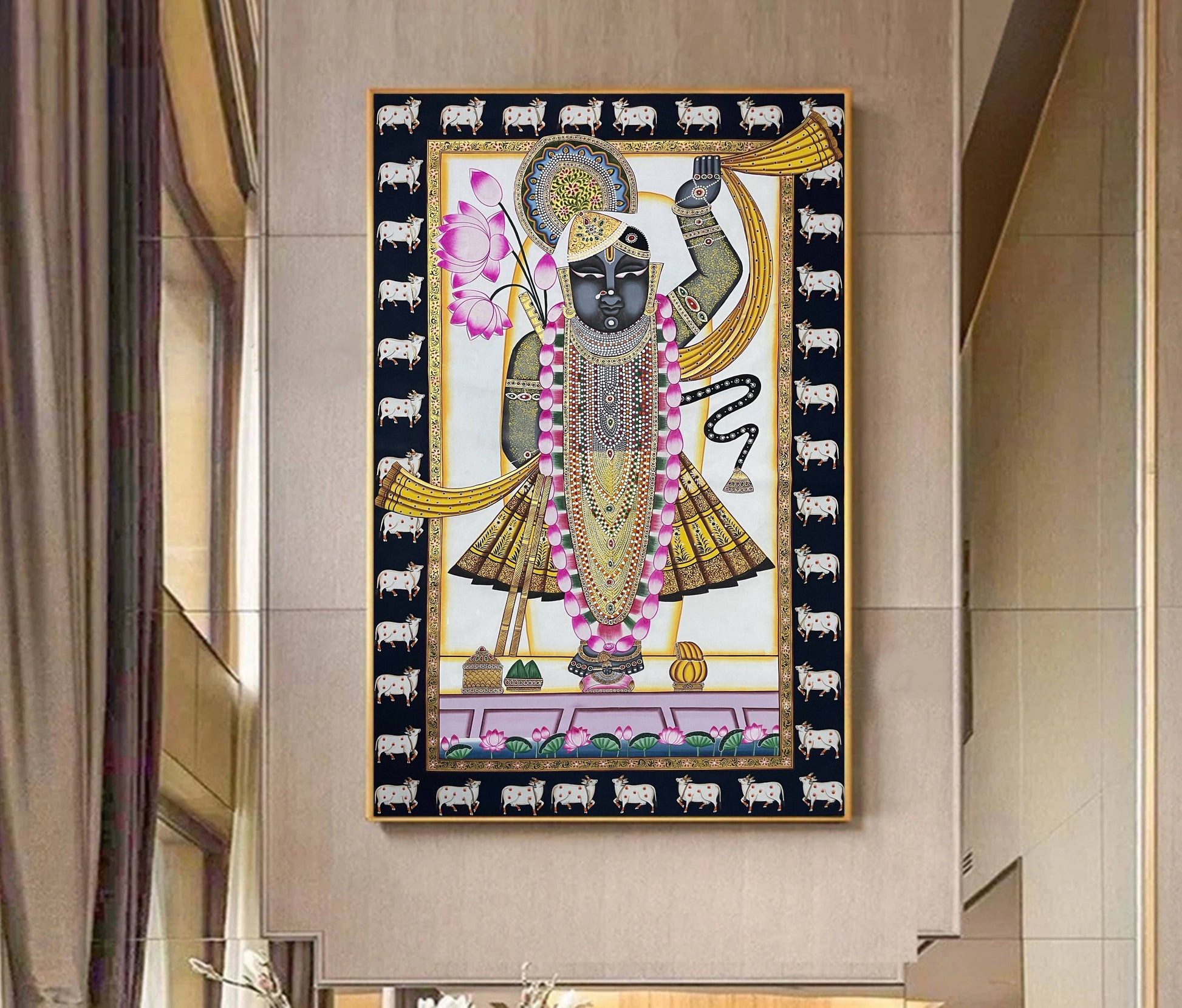 Shreenathji Pichwai Painting Beautiful Hand Painted Devotional Art Natural Stone color on cloth Indian Decor Paintings, Wall Hanging - Jaipur Earth
