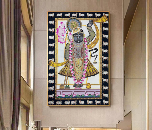 Shreenathji Pichwai Painting Beautiful Hand Painted Devotional Art Natural Stone color on cloth Indian Decor Paintings, Wall Hanging - Jaipur Earth