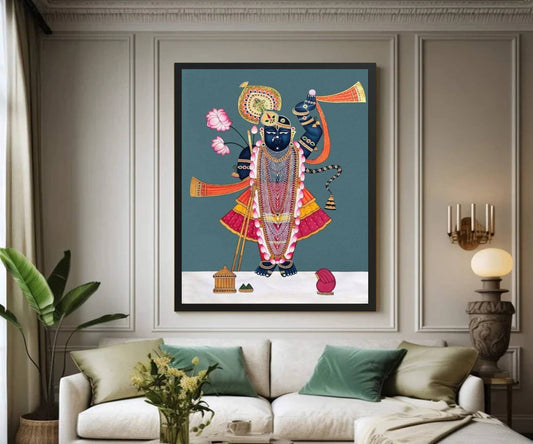 Shreenathji and Lotus Pichwai Art Painting For Home Decor, Traditional Handmade Wall Painting Of Beautiful Shrinathji