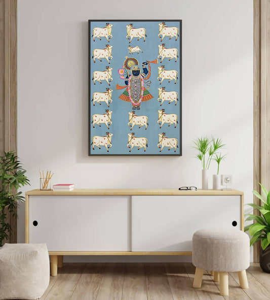 Shreenathji Pichwai Painting For Home Decor, Traditional Handmade Wall Painting Of Beautiful Shri Nath Ji In Kamal Talai - Jaipur Earth