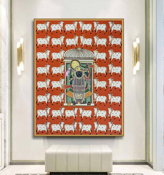 Shrinathji Pichwai Painting, Large Pichwai, Cow Pichwai Art Handmade Natural Stone color on cloth Indian Decor, Wall Art, Home Decor Gift - Jaipur Earth