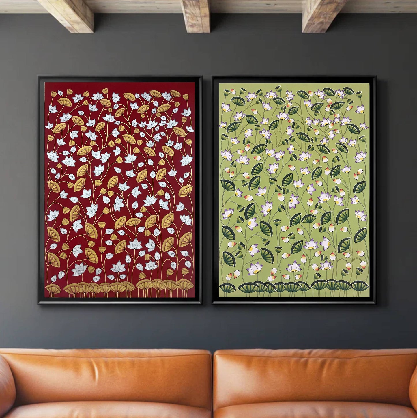 Pichwai Paintings Set of 2, Lotus Pond Indian Pichwai, Home decor Art, Indian painting, wall decor - Jaipur Earth