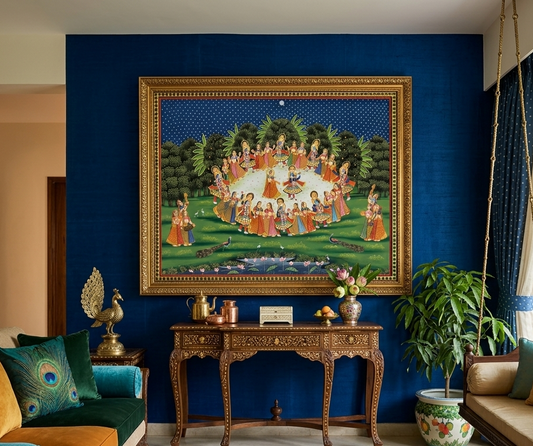 Radha Krishna Raasleela Pichwai Painting – Handmade Detailed Traditional Wall Art