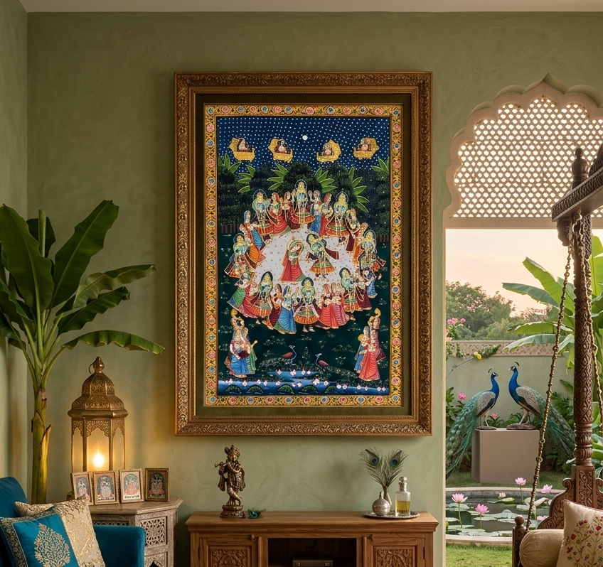 Radha Krishna Raasleela Pichwai Painting – Handmade Traditional Wall Art