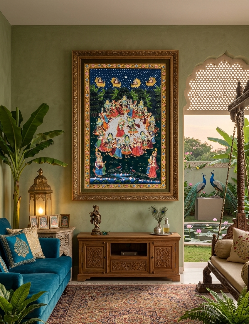 Radha Krishna Raasleela Pichwai Painting – Handmade Traditional Wall Art