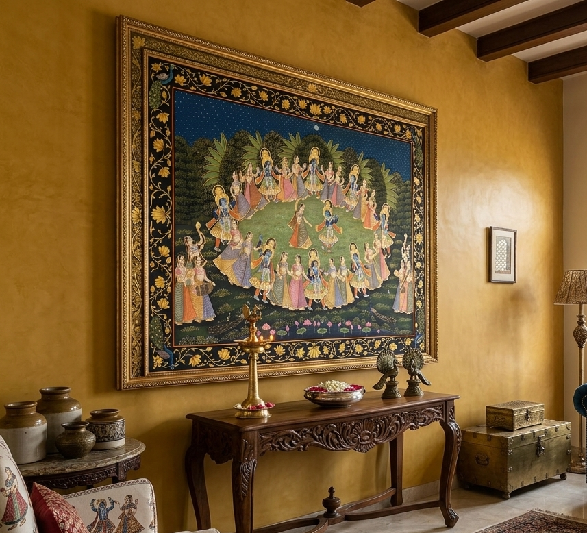 Radha Krishna Raasleela Pichwai Painting – Handmade Detailed Traditional Wall Art
