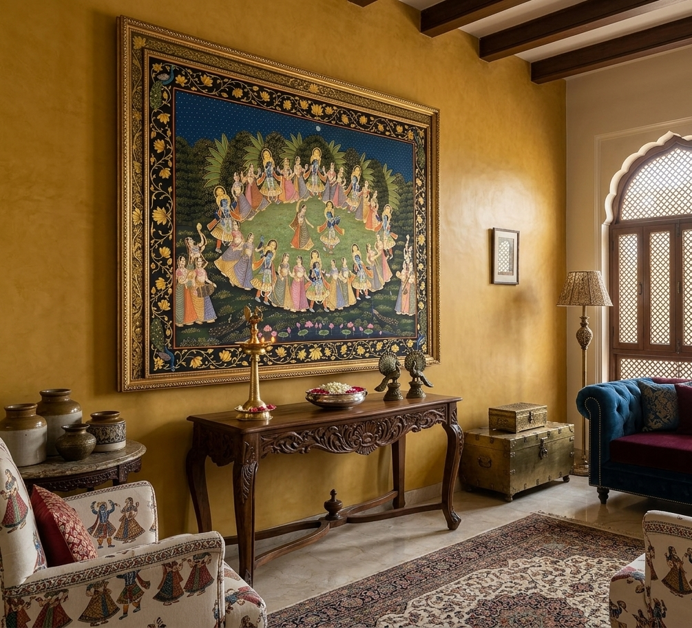 Radha Krishna Raasleela Pichwai Painting – Handmade Detailed Traditional Wall Art