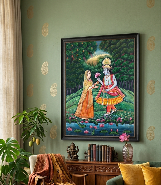 Radha Krishna Detailed Pichwai Handmade Painting Framed | Luxury Traditional Art