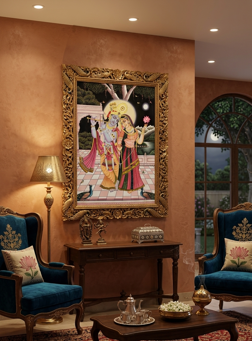 Radha Krishna Detailed Pichwai Handmade Painting, Traditional Nathdwara Art, Spiritual Indian Artwork, Luxury Home Decor